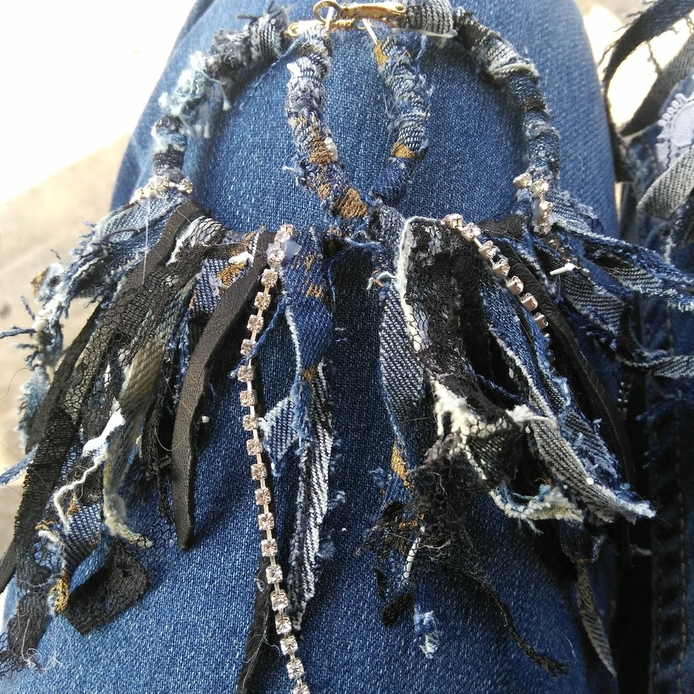 Custom made denim fringe hoop earrings